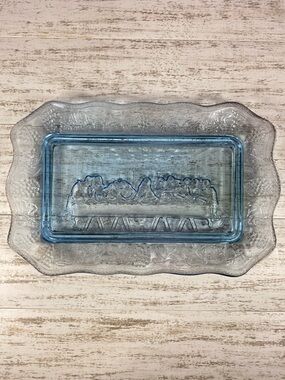 Tiara The Last Supper Blue Clear Glass Bread Serving Tray 11”x7”